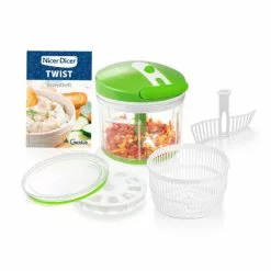 Geniu Sieb Salatschleuder Nicer Dicer Twist Gemüseschneider A29190 1000Ml; 8-Tlg Manuell Seilzug, Grün